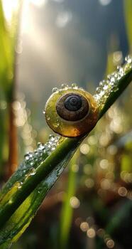 A snail is sitting on a blade of grass with dew drops photo