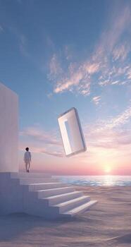 A man standing on a beach with a white object in front of him photo