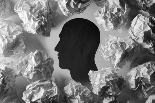 A silhouette of a man surrounded by crumpled paper photo