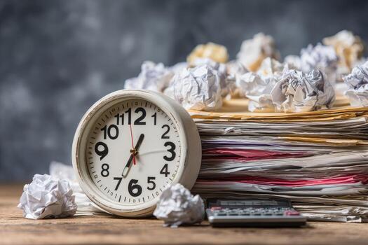 A stack of papers with a clock and calculator photo
