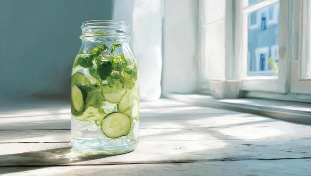A glass jar filled with water and cucumber slices photo
