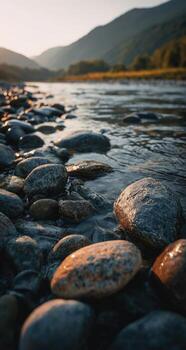 Rocks in the river at sunset photo
