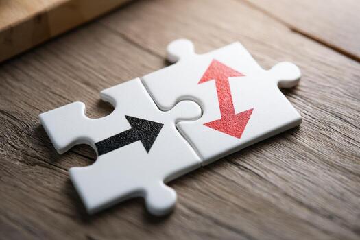 Two pieces of jigsaw puzzle with arrows pointing to the same direction photo