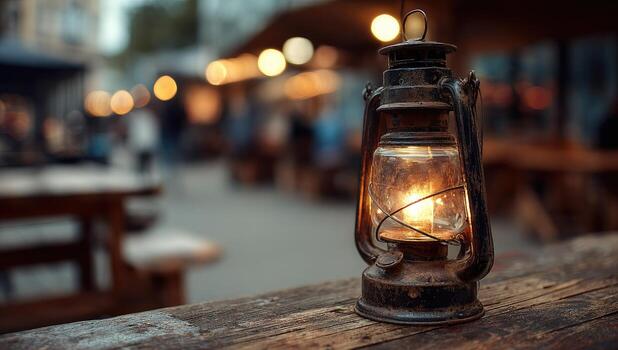 An old lantern on a wooden table in front of a restaurant photo