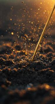 A stick with a gold tip is being poured into a hole photo