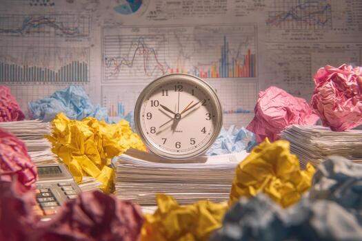 A clock is sitting on top of a pile of papers photo