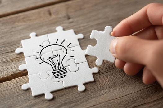 Hand putting puzzle pieces together with light bulb photo