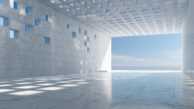 White marble room with large windows and a large door photo