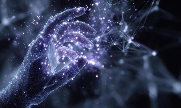 A hand reaching out to touch a glowing network photo