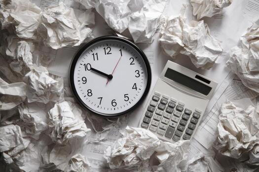 A clock and calculator surrounded by papers photo