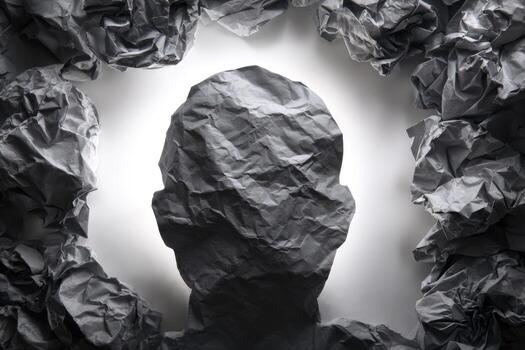 A man's head is surrounded by crumpled paper photo