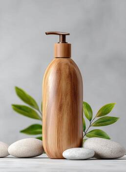 Wooden bottle with soap and stones on grey background 3d rendering photo