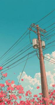 A cartoon image of a telephone pole and flowers photo