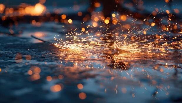Close up of sparks from a sparkler on a wet surface photo