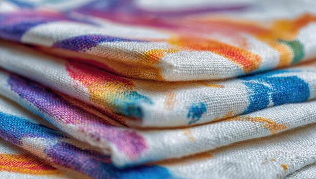 A stack of colorful towels with a tie dye design photo