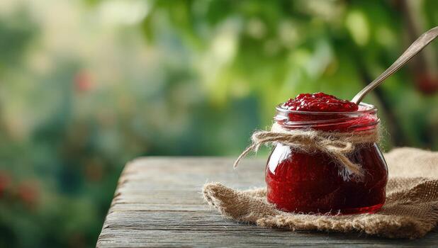 A jar of jam with a spoon on a wooden table photo