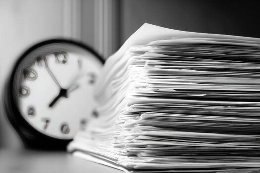 A stack of papers and a clock in the background photo