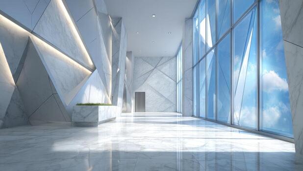 Modern office lobby with marble floor and large windows photo