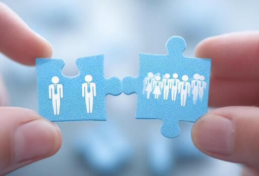 Two hands holding a puzzle piece with people on it photo