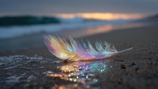 A feather on the beach with a rainbow light photo