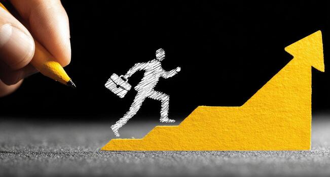 A hand is drawing a man climbing up a yellow arrow photo