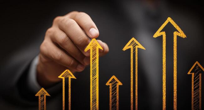 Businessman hand drawing arrows on graph chart photo