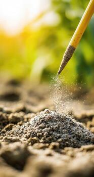 A pencil is being used to spread dirt on a field photo