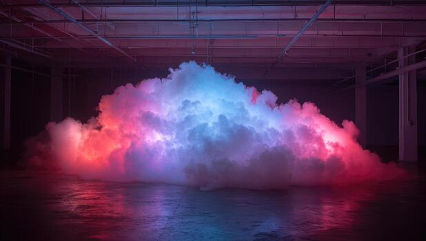 A large cloud of smoke is lit up in an empty room photo