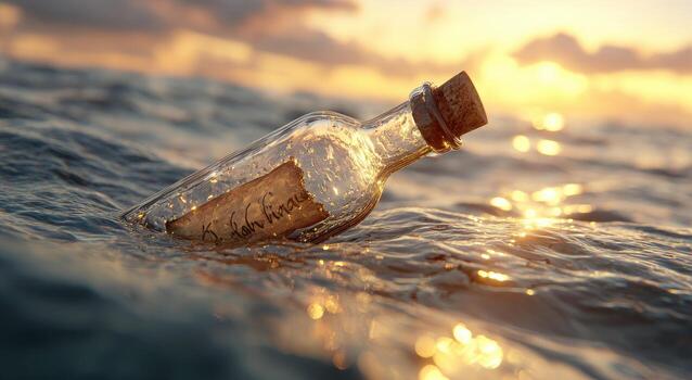 Message in a bottle floating in the ocean photo