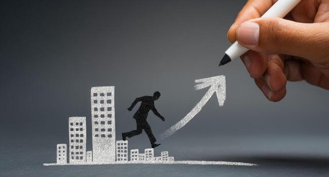 Hand drawing a man running up a hill with a city in the background photo