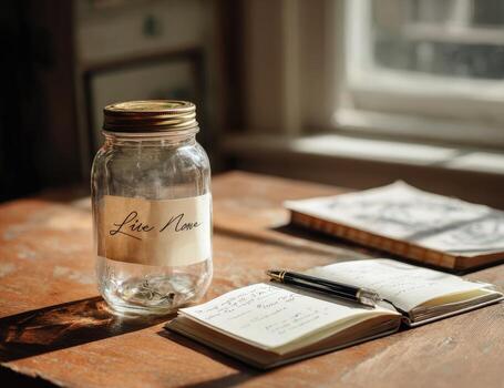 A jar of live new and a notebook on a wooden table photo