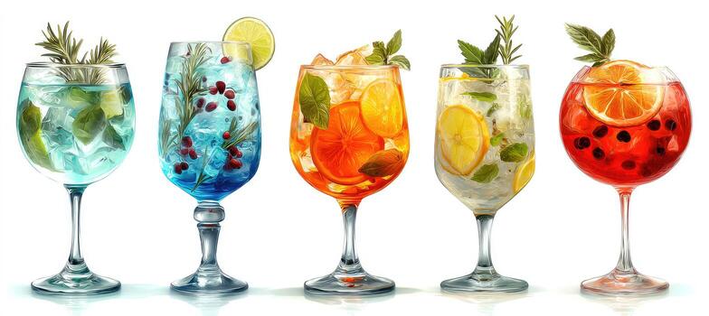 Five different colored drinks in glasses photo