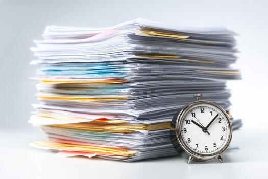 A clock is sitting on top of a stack of papers photo