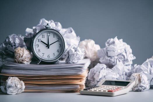 A clock, calculator and papers on a desk photo