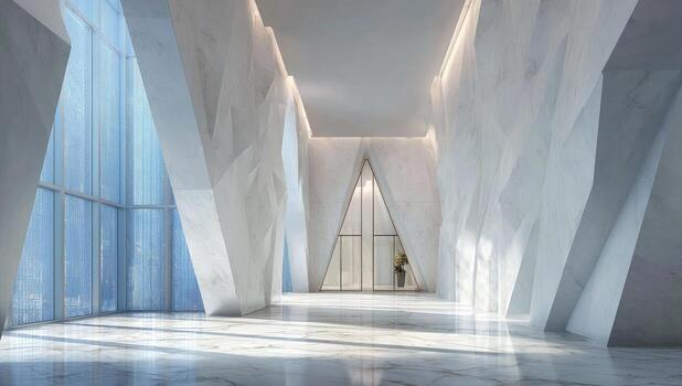 A hallway with white marble walls and a large window photo