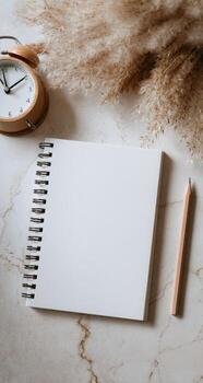 Blank notebook, pen, alarm clock and dry grass on marble background photo