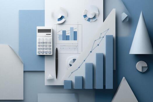 negocio concepto con calculadora, papel y grafico papel en azul antecedentes 3d hacer foto