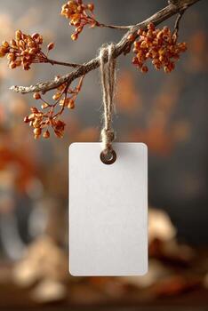 A blank tag hanging from a branch with autumn leaves photo