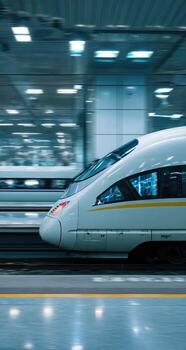 A high speed train traveling through a train station photo