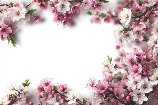 A frame with pink flowers on a white background photo