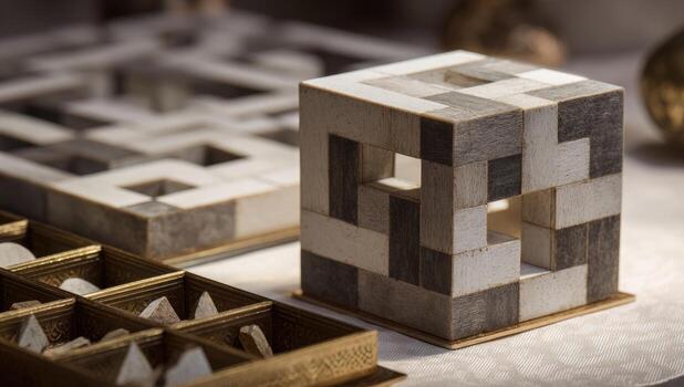A wooden cube with a gold frame sitting on a table photo