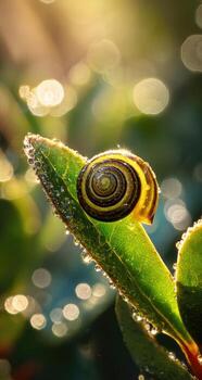 A snail on a leaf with water droplets on it photo
