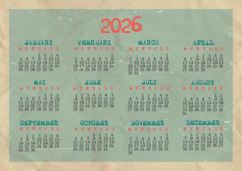 2026 calendar design with abstract typography on retro crumpled paper. Monday - Sunday vector