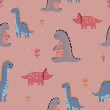 Seamless pattern with different types of funny dinosaurs, cute background vector