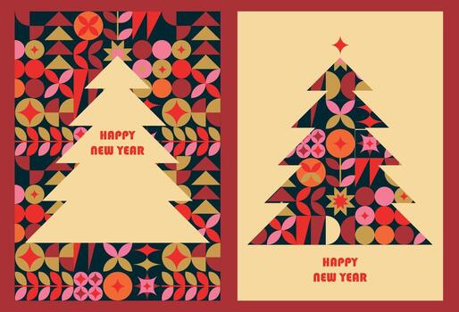 Christmas tree happy new year card with modern abstract geometric vertical design for a4 vector