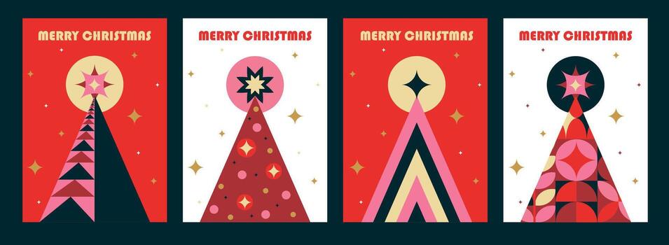 Set of Christmas tree cards with modern abstract geometric vertical design for a4 vector