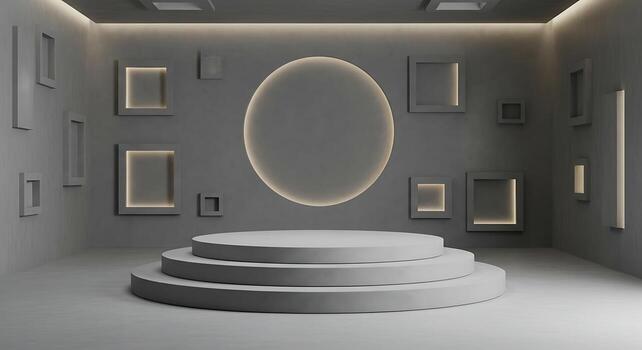 Modern Minimalist Product Display Podium with Backlit Frames 3D Render photo