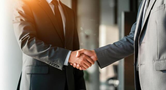 Two businessmen shaking hands in a modern office setting. photo
