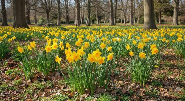 A beautiful field of yellow daffodils blooming in a spring forest. photo