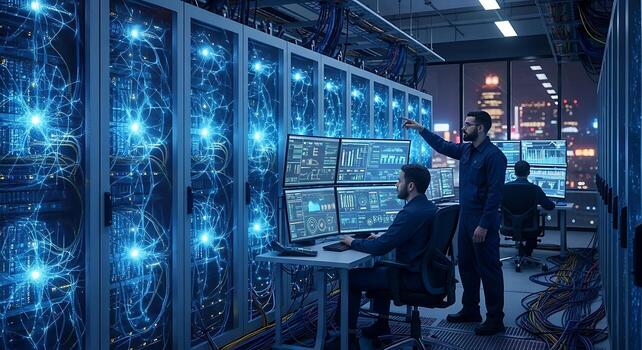 Data Center Technicians Monitoring Servers with Glowing Neural Network Visualization photo